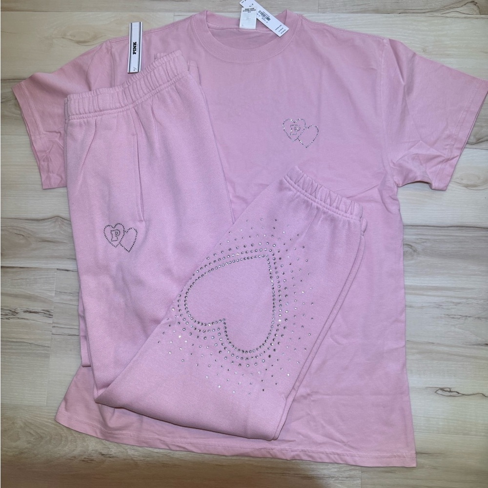 NEW VICTORIAS SECRET PINK BLING FULL ZIP HOODIE + JOGGERS RHINESTONE 2PC SET - Picture 7 of 10